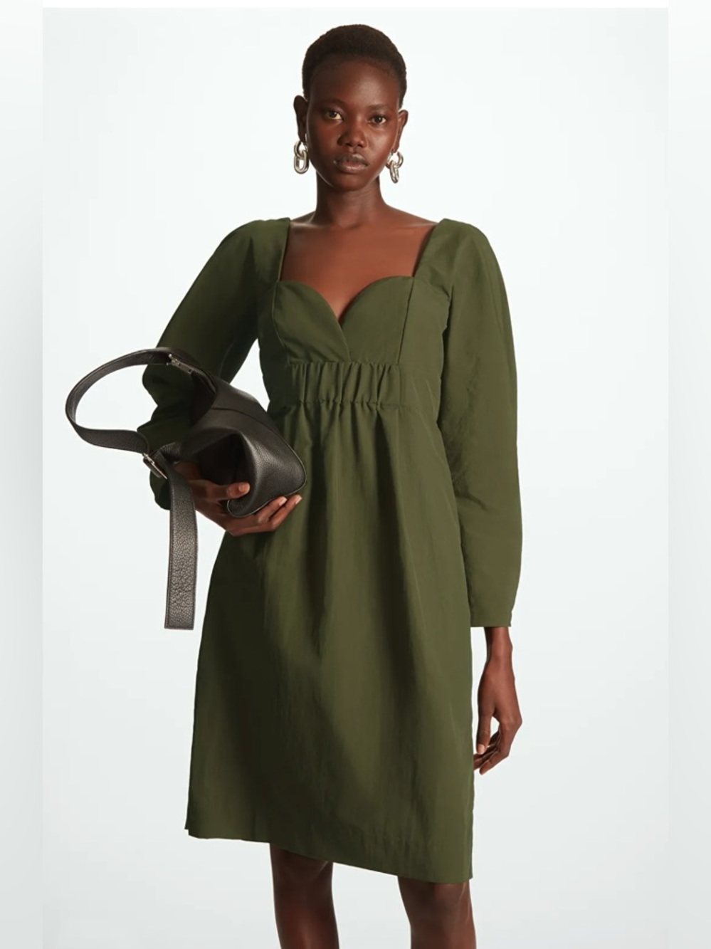 COS Sweetheart Neckline Long Sleeve Dress | Green Babydoll Puff Sleeve Smocked M